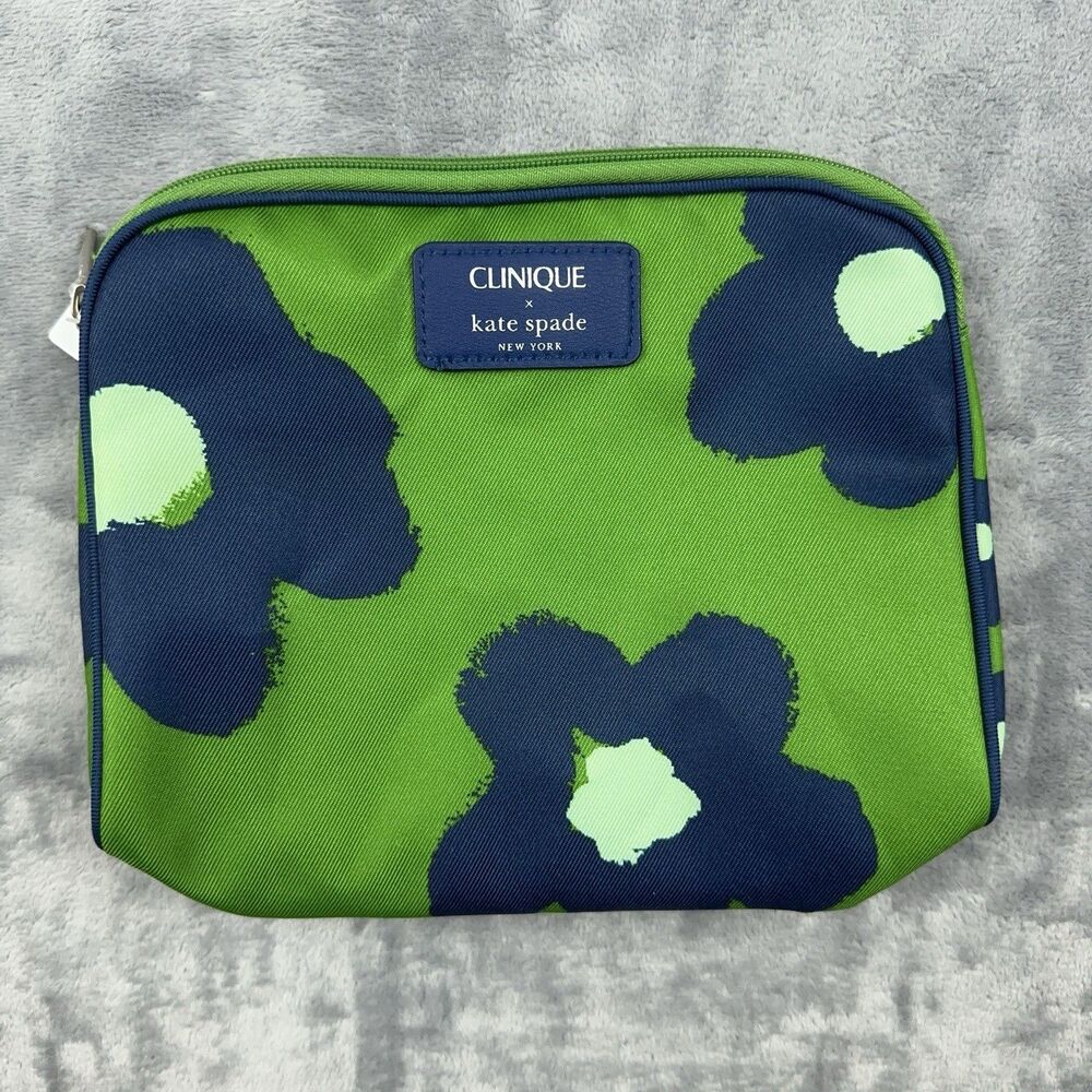 NWT CLINIQUE x Kate Spade Green Navy Blue Floral Cosmetic Makeup Bag Pouch